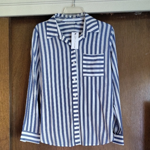 Notations Tops - Lightweight  Spring Business Casual Navy and White Striped Shirt